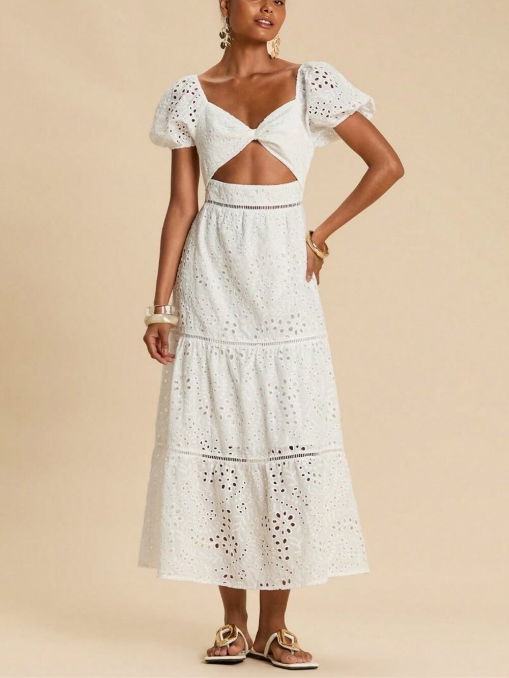 White Boho Women's Embroidered Twist Ruched Long Dress - Picture 7 of 7